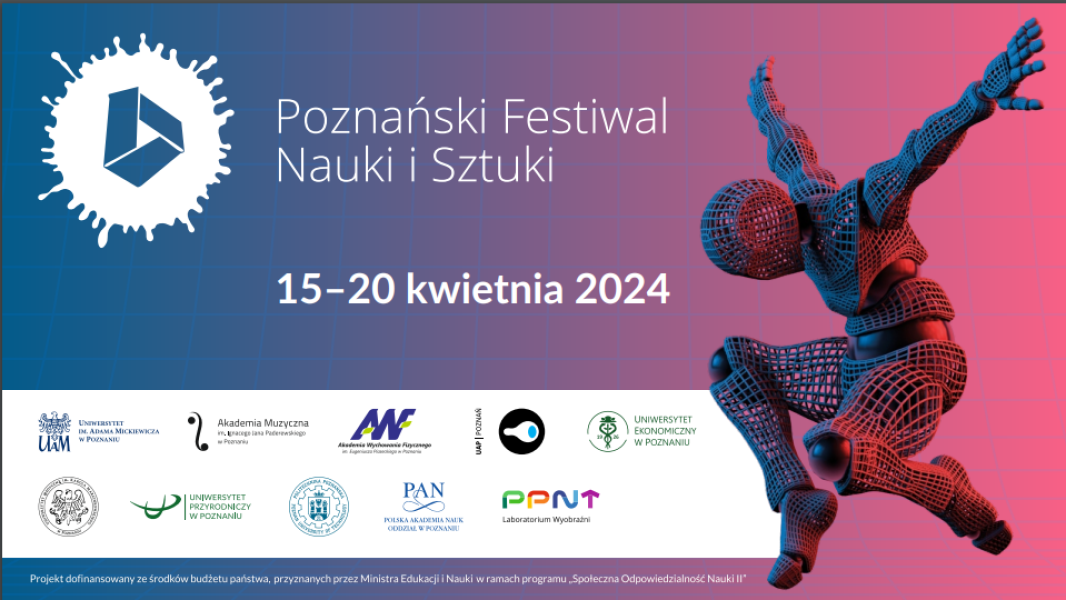Poznański Festiwal Nauki i Sztuki 15-20 kwietnia 2024 oraz loga sponsorów