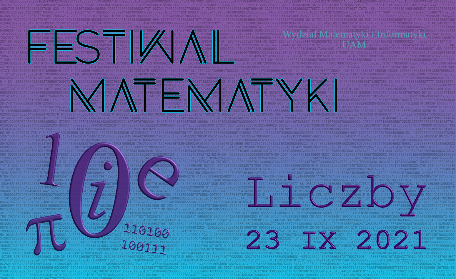 Plakat o festwialu matematyki, znajdują się na nim liczby, symbole oraz data wydarzenia 23 IX 2021.