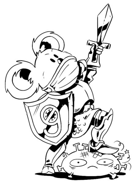 Grafika przedstawiająca koalę w maseczce, w jednej ręce trzyma tarczę z numerem 9, w drugiej unosi miecz wskazując nim niebo. Jedną nogą przygniata symbolicznego wirusa.