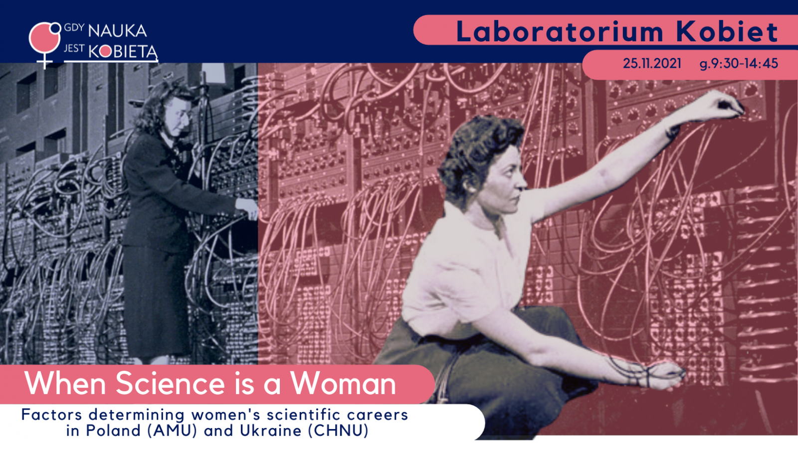 Plakat IV laboratorium kobiet, gdy nauka jest kobietą. Na plakacie widać dwie telefonistki obsługujące centralę telefoniczną. W lewym dolnym rogu znajduje się napis 
